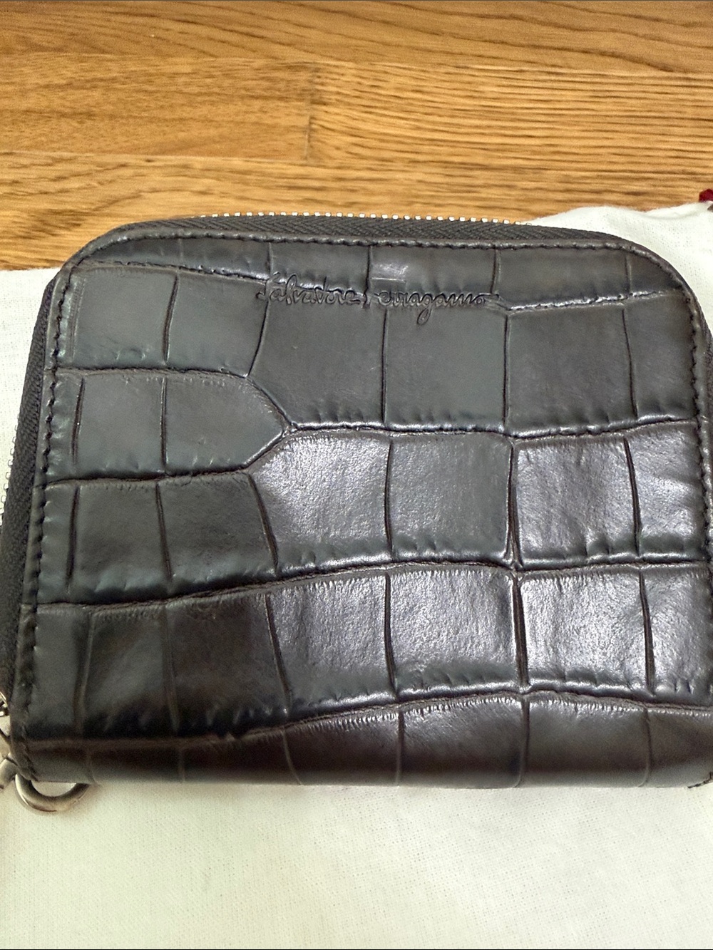 Salvatore Ferragamo dark brown Croc-Embossed Leather Zip Wallet